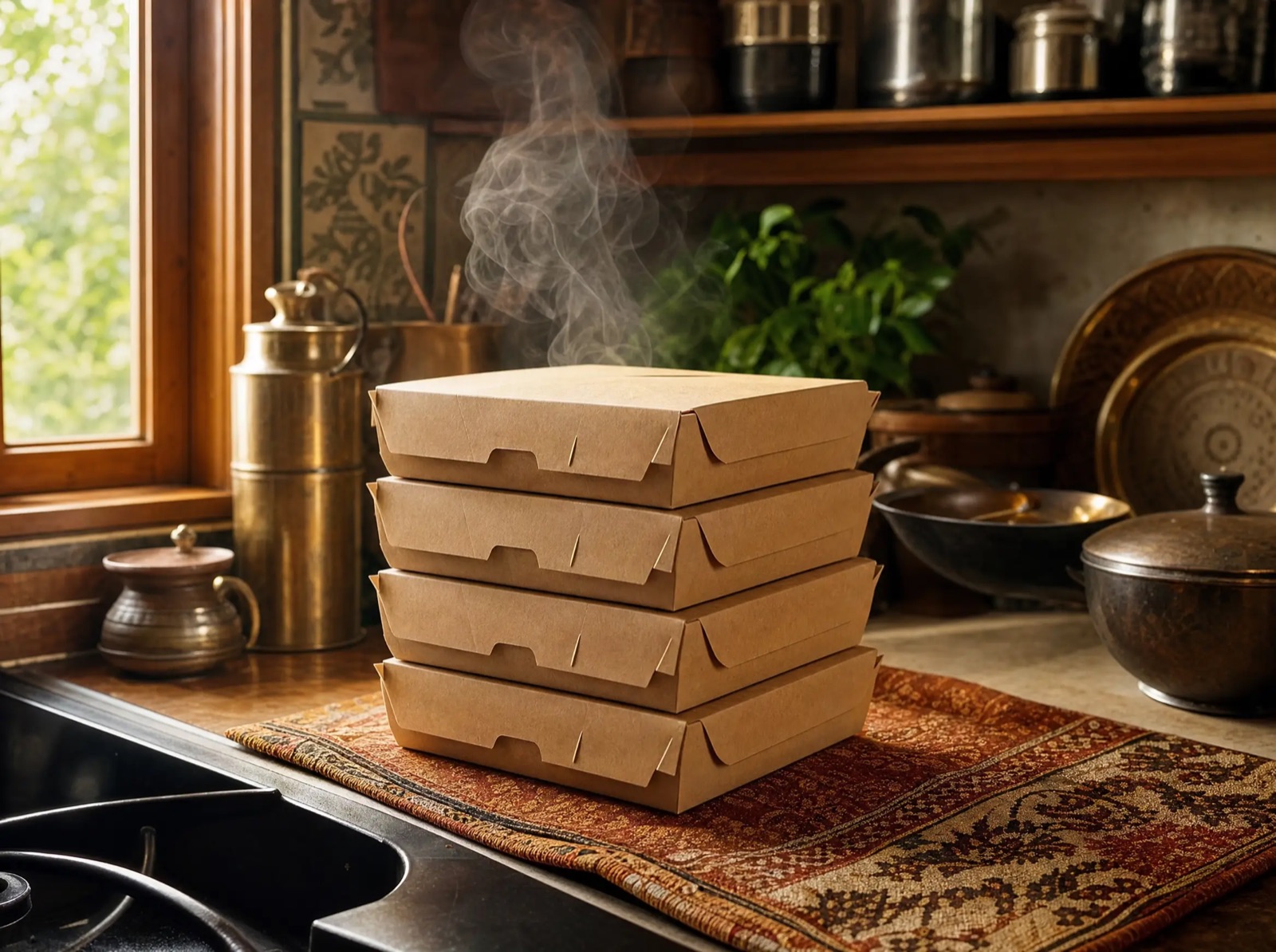 Packed lunch boxes stacked and ready, a curl of steam escaping
