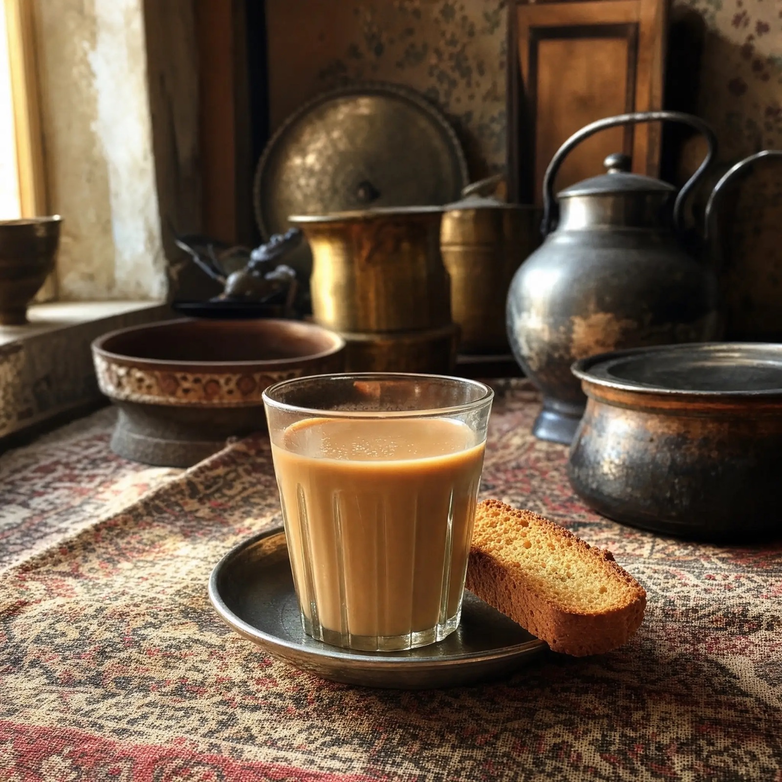 A cup of doodh patti chai on a dastarkhwan cloth, steam rising in soft light