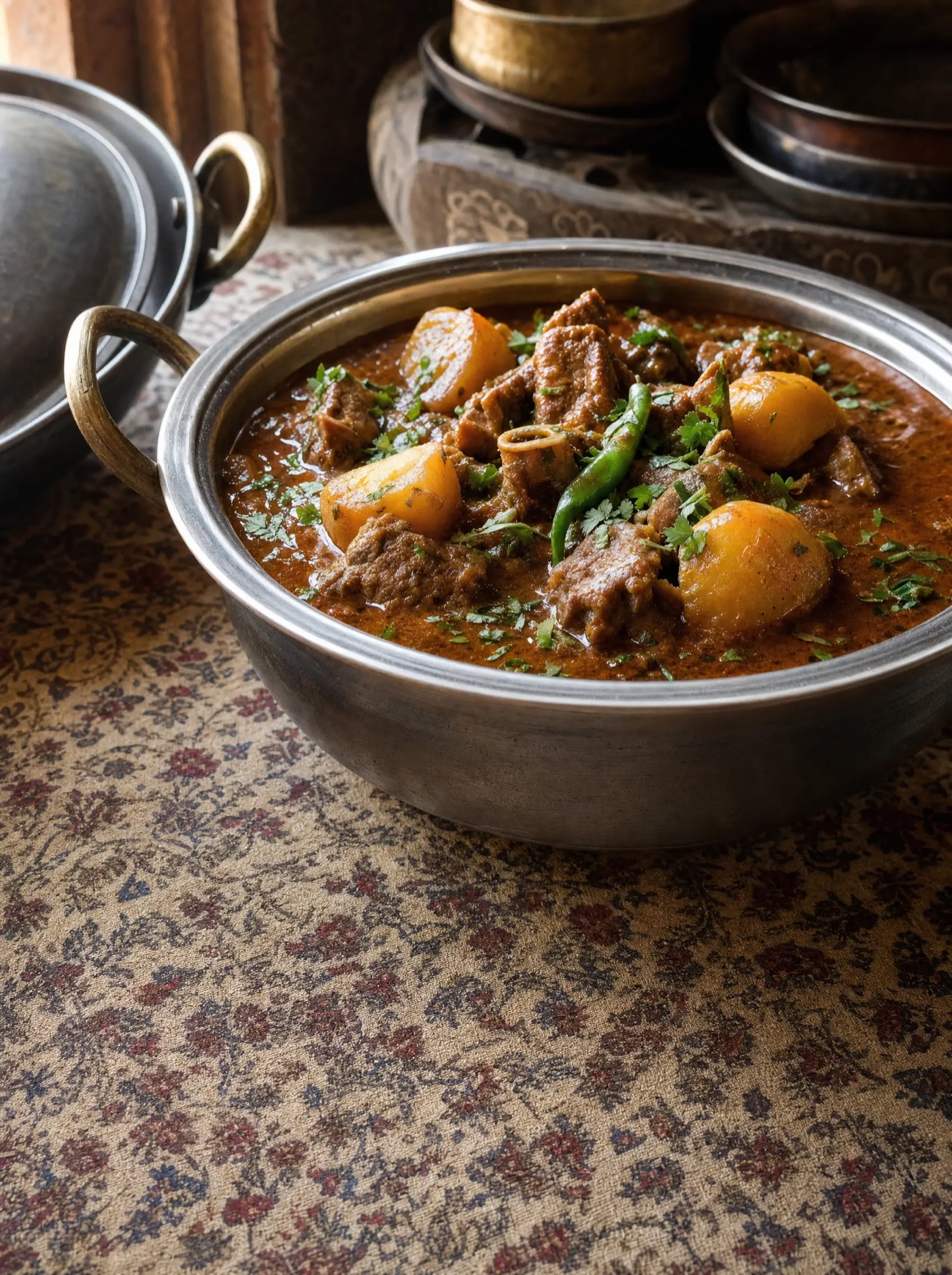 Aloo gosht in a steel serving bowl