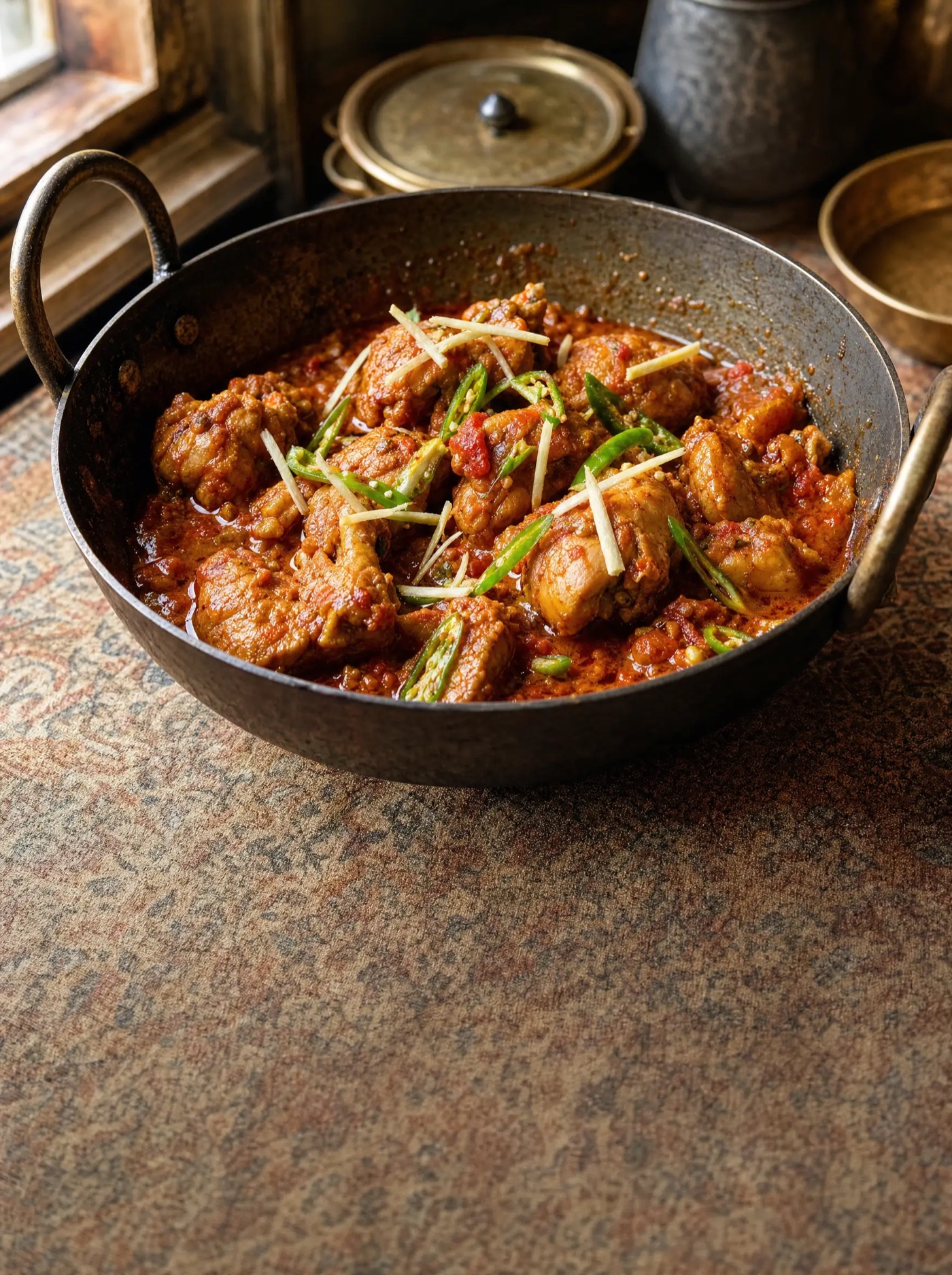 Chicken karahi in a blackened steel karahi