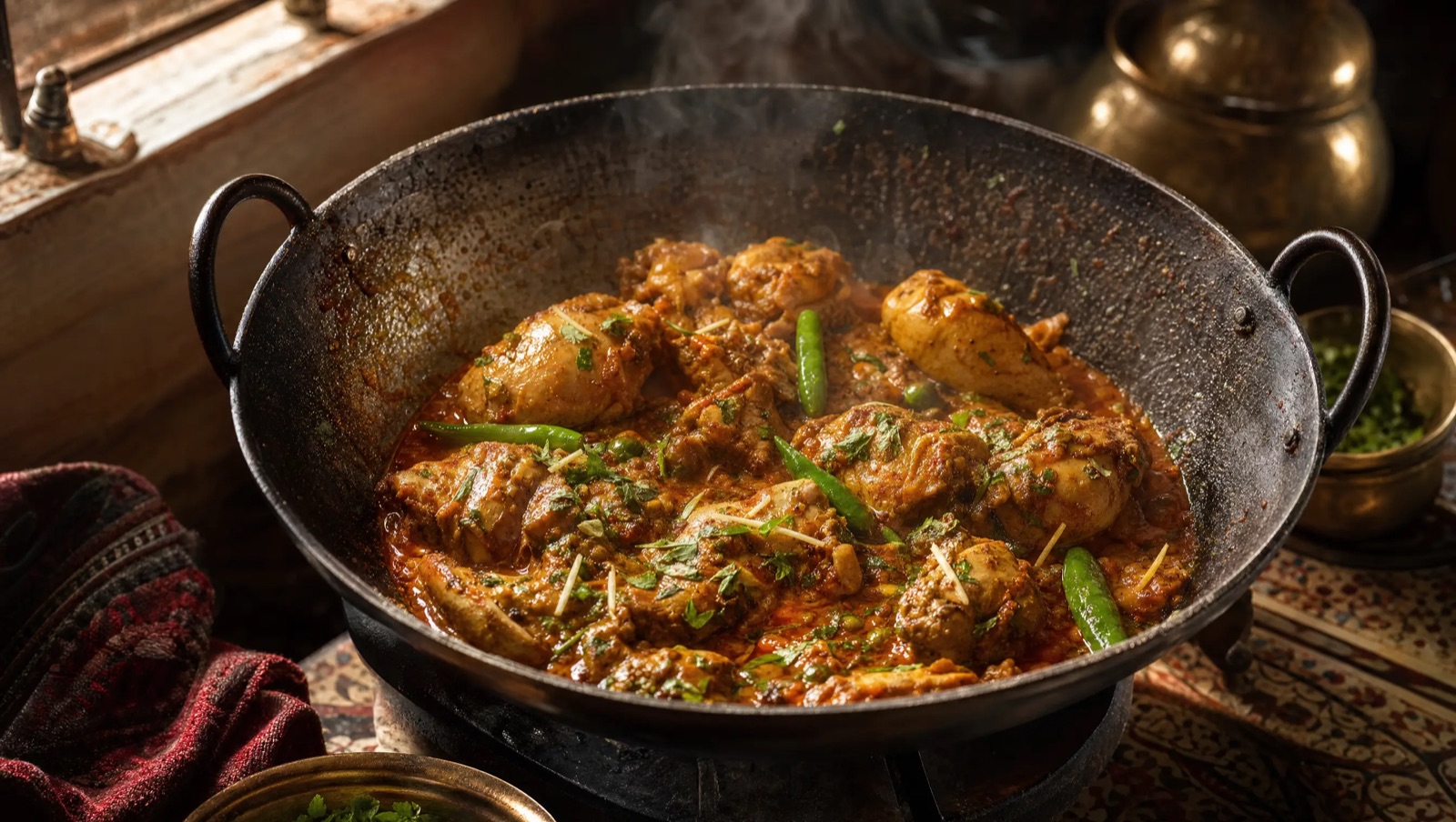 Chicken karahi bubbling in a blackened steel karahi, steam rising in warm morning light