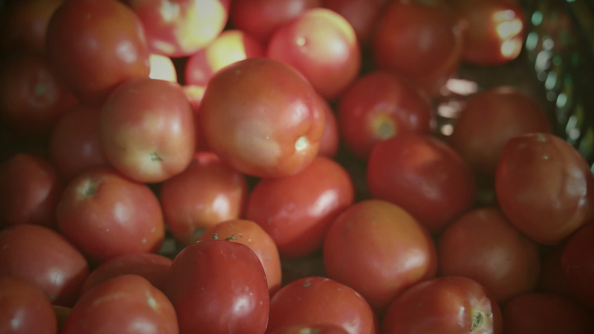 A crate of red tomatoes at the sabzi mandi, close