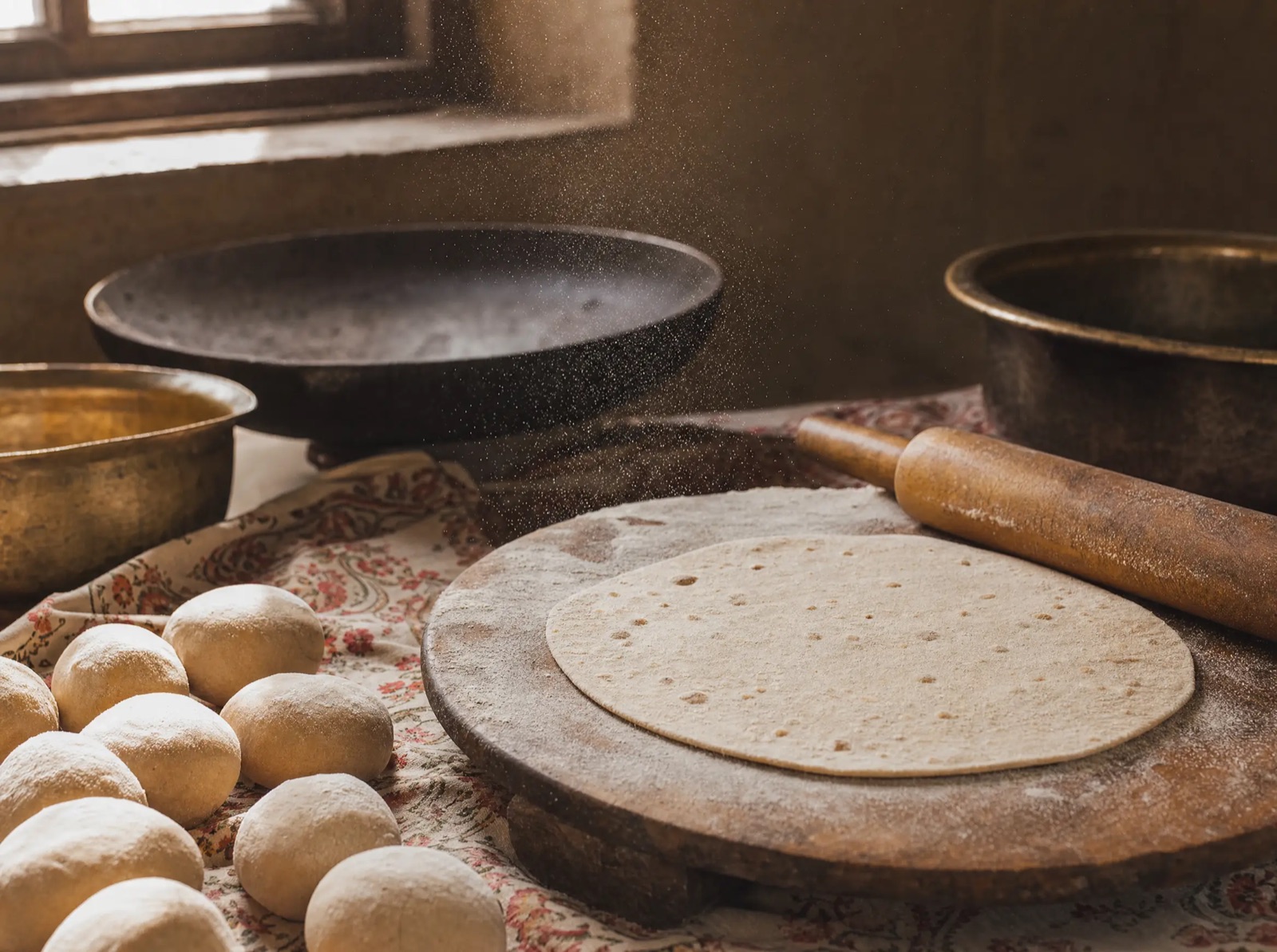 Hands rolling roti dough on a wooden board dusted with atta