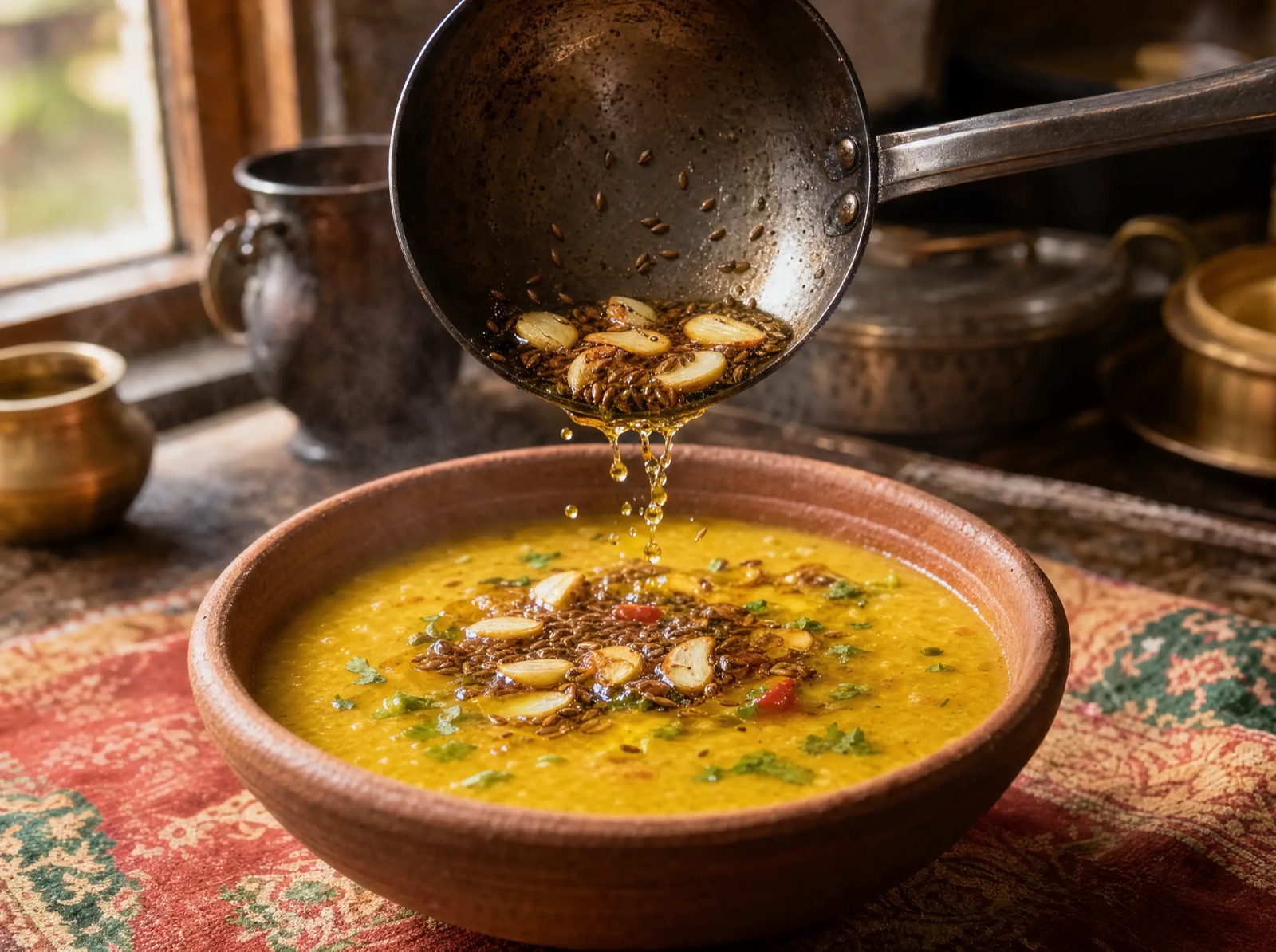 Sizzling tarka being poured over daal, oil and spices mid splash